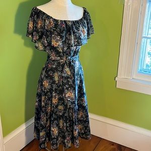 vintage 70s black ground floral off the shoulder ruffle dress w/sash
